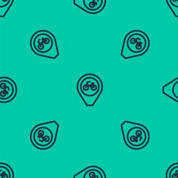 Blue line Map pointer with bicycle icon isolated seamless pattern on green 스톡 일러스트