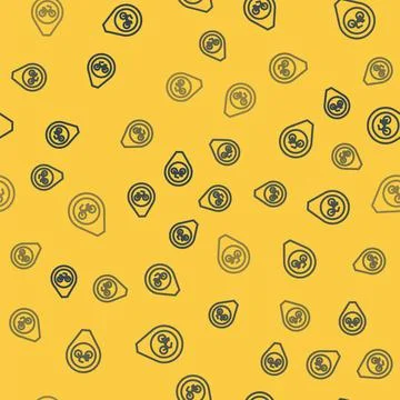Blue line Map pointer with bicycle icon isolated seamless pattern on yellow b Illustrazione stock
