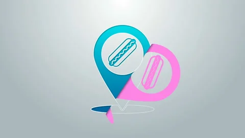 Blue line Map pointer with fast food hotdog icon isolated on grey background Stock Footage 145032307