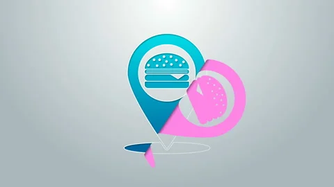 Blue line Map pointer with fast food burger icon isolated on grey background. 4K Video stock 145032335