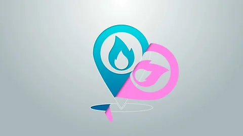 Blue line Map pointer with fire flame icon isolated on grey background. Fire Video stock 145030009