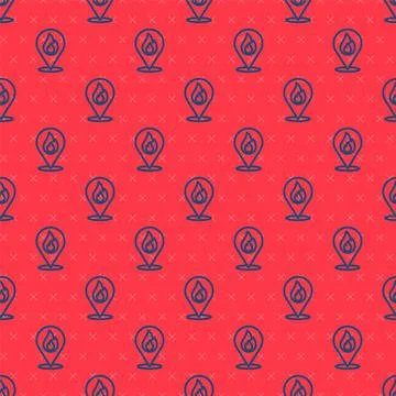 Blue line Map pointer with fire flame icon isolated seamless pattern on red Stockillustratie