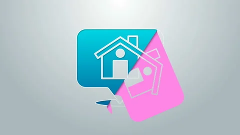 Blue line Map pointer with house icon isolated on grey background. Home location Stock Footage 145495010