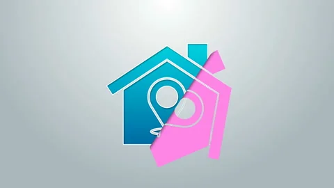Blue line Map pointer with house icon isolated on grey background. Home location Video stock 145495049