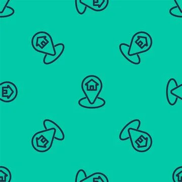 Blue line Map pointer with house icon isolated seamless pattern on green イラスト素材