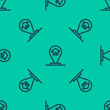 Blue line Map pointer with house icon isolated seamless pattern on green Stock Illustration