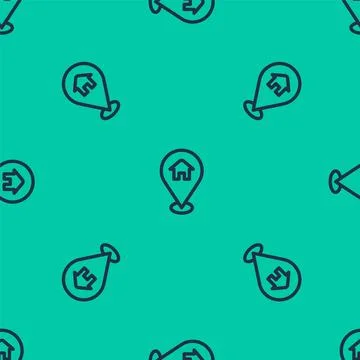 Blue line Map pointer with house icon isolated seamless pattern on green back イラスト素材