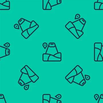 Blue line Map pointer with mountain icon isolated seamless pattern on green b Stock Illustration