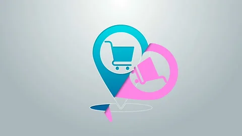 Blue line Map pointer with shopping cart icon isolated on grey background. Pin Stock Footage 145023696