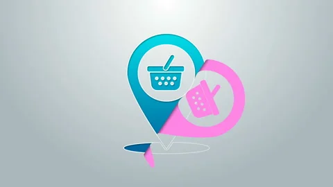 Blue line Map pointer with shopping basket icon isolated on grey background. Pin Video stock 145027045