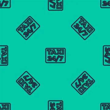 Blue line Map pointer with taxi icon isolated seamless pattern on green Stock Illustration