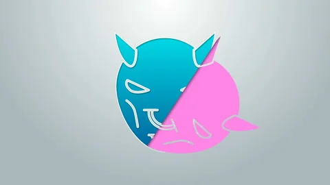 Blue line Mask of the devil with horns icon isolated on grey background. 4K Stock Footage 145107681