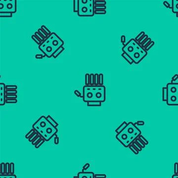 Blue line Mechanical robot hand icon isolated seamless pattern on green Stock Illustration