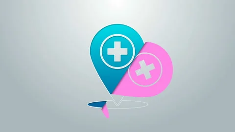 Blue line Medical map pointer with cross hospital icon isolated on grey Video stock 144958170