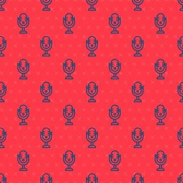 Blue line Microphone icon isolated seamless pattern on red background. On a.. Stock Illustration