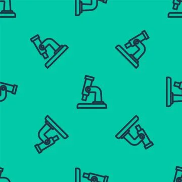 Blue line Microscope icon isolated seamless pattern on green background Stockillustratie