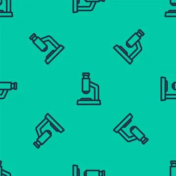 Blue line Microscope icon isolated seamless pattern on green background Stock Illustration
