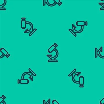 Blue line Microscope icon isolated seamless pattern on green background. Ch.. Stockillustratie
