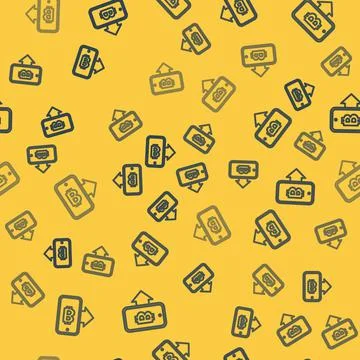 Blue line Mining bitcoin from mobile icon isolated seamless pattern on yellow Stock Illustration