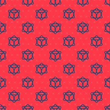 Blue line Molecule icon isolated seamless pattern on red background. Structure Illustrazione stock
