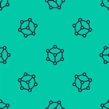 Blue line Molecule icon isolated seamless pattern on green background. Structure Illustrazione stock