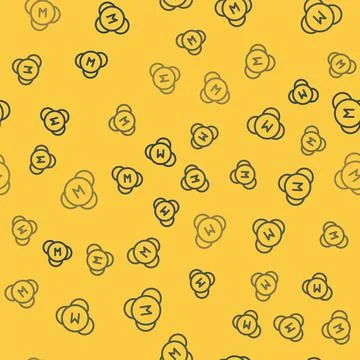 Blue line Molecule icon isolated seamless pattern on yellow background. Struc Stock Illustration