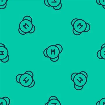 Blue line Molecule icon isolated seamless pattern on green background. Struct Stock Illustration
