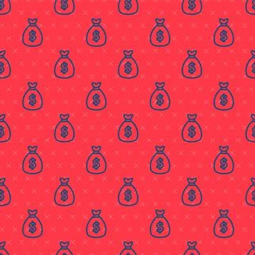 Blue line Money bag icon isolated seamless pattern on red background. Dollar or Illustrazione stock
