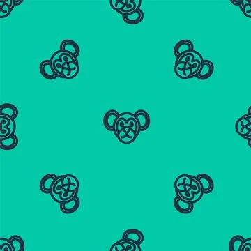 Blue line Monkey icon isolated seamless pattern on green background. Animal イラスト素材