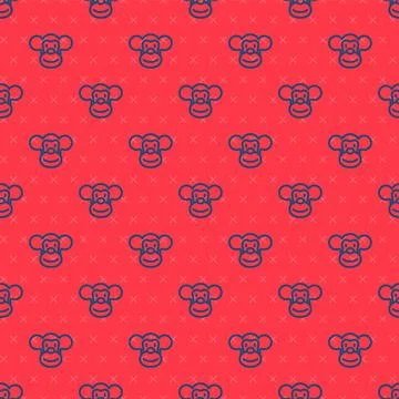 Blue line Monkey icon isolated seamless pattern on red background. Animal s.. Stockillustratie
