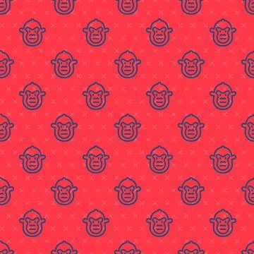 Blue line Monkey icon isolated seamless pattern on red background. Animal sym 스톡 일러스트