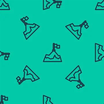 Blue line Mountains with flag on top icon isolated seamless pattern on green Illustrazione stock
