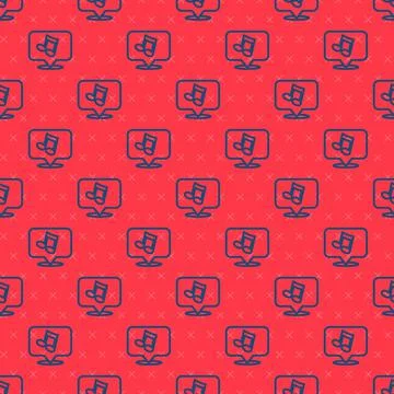 Blue line Music note, tone icon isolated seamless pattern on red background Stock Illustration