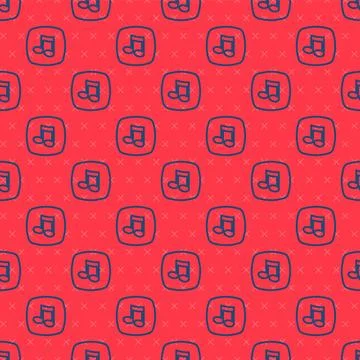 Blue line Music note, tone icon isolated seamless pattern on red background.. Stock Illustration