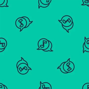 Blue line Musical note in speech bubble icon isolated seamless pattern on green Stock Illustration