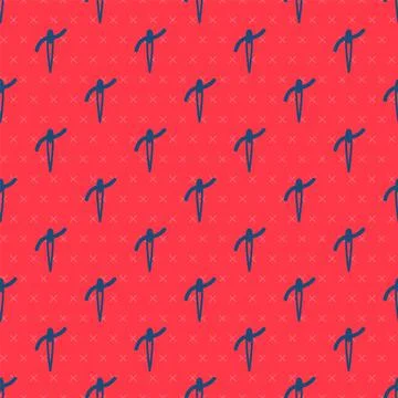 Blue line Needle for sewing with thread icon isolated seamless pattern on red Stock Illustration
