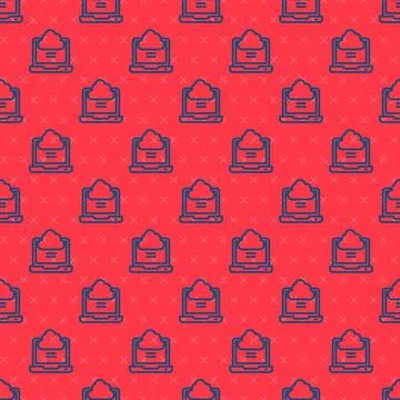 Blue line Network cloud connection icon isolated seamless pattern on red Stock Illustration