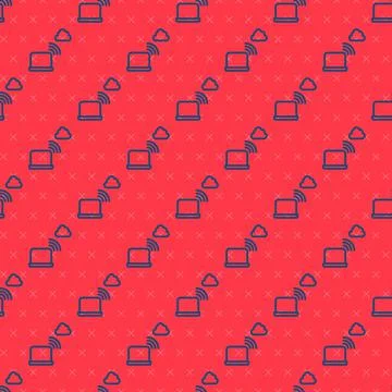 Blue line Network cloud connection icon isolated seamless pattern on red Illustrazione stock