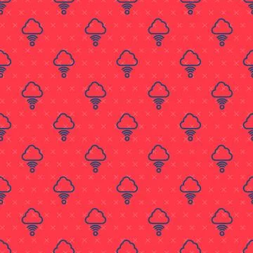 Blue line Network cloud connection icon isolated seamless pattern on red イラスト素材