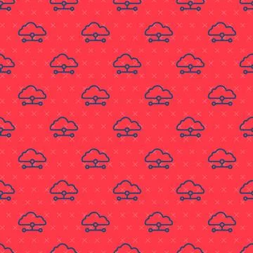 Blue line Network cloud connection icon isolated seamless pattern on red ba.. Stock Illustration
