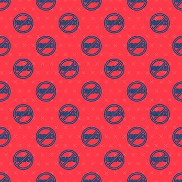 Blue line No GMO icon isolated seamless pattern on red background. Genetically 스톡 일러스트