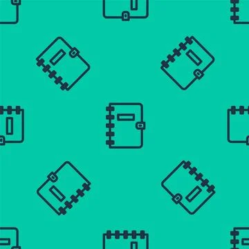 Blue line Notebook icon isolated seamless pattern on green background. Spiral イラスト素材