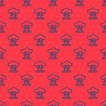 Blue line Nuclear explosion icon isolated seamless pattern on red background. 스톡 일러스트