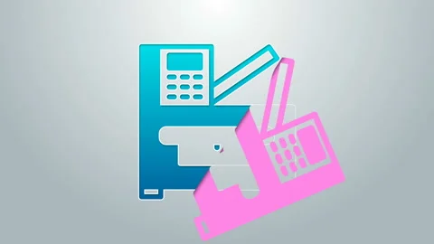 Blue line Office multifunction printer copy machine icon isolated on grey 動画素材 145377779