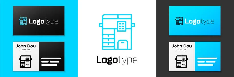 Blue line Office multifunction printer copy machine icon isolated on white Stock Illustration