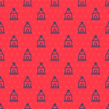 Blue line Old crypt icon isolated seamless pattern on red background. Cemetery Ilustración de archivo