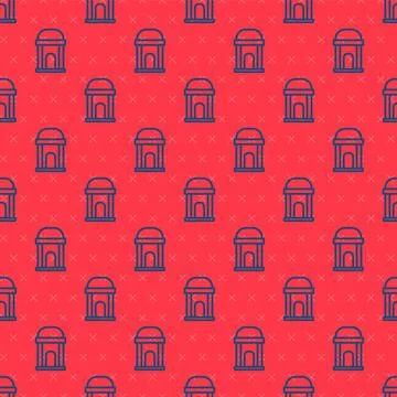 Blue line Old crypt icon isolated seamless pattern on red background. Cemetery Ilustración de archivo