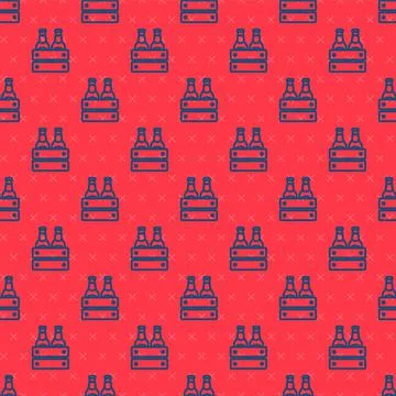 Blue line Pack of beer bottles icon isolated seamless pattern on red background Stock Illustration