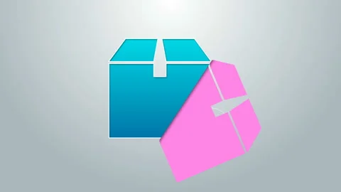 Blue line Package box with check mark icon isolated on grey background. Parcel Stock Footage 145100270