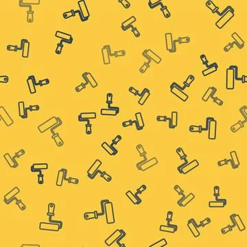 Blue line Paint roller brush icon isolated seamless pattern on yellow background Stock Illustration